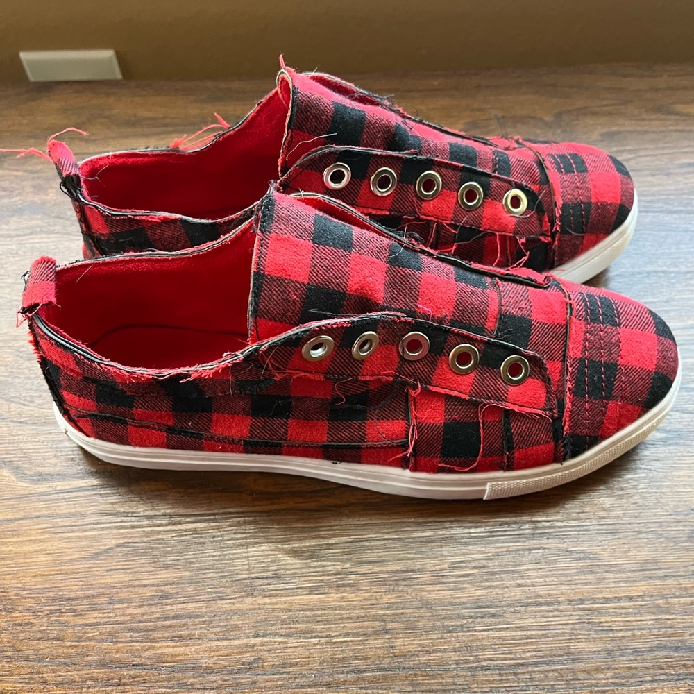 Sneakers (no laces) red/black check, worn only a couple times, good condition